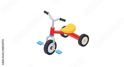 Isometric red tricycle for kids with yellow seat and blue pedals