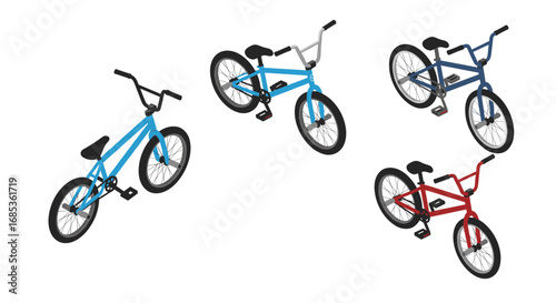 Colorful bmx bikes isometric set on white background