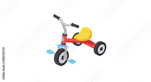 Colorful isometric children's tricycle with yellow seat and blue pedals on white background