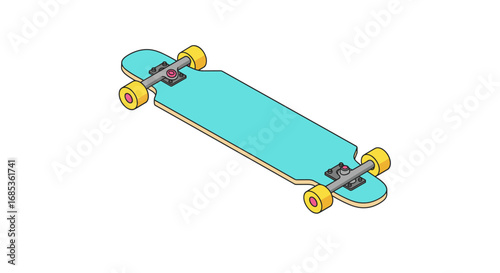 Isometric longboard skateboard with yellow wheels on white background
