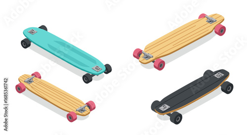 Isometric longboards collection with vibrant deck designs on white background