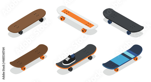 Isometric skateboard collection with various designs and colors