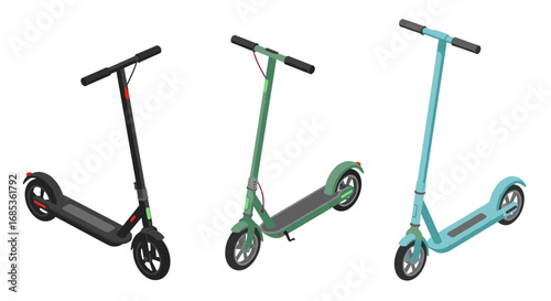 Colorful electric scooters in isometric perspective