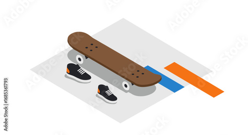 Isometric skateboard with shoes on geometric background: modern urban style