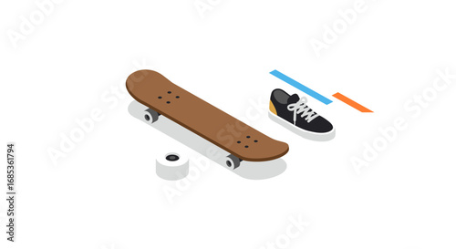 Isometric skateboard set with sneaker and tools on white background