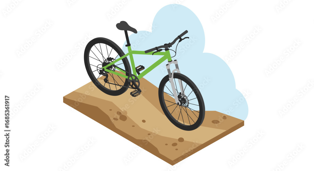 Obraz premium Isometric green mountain bike on trail path with cloudy sky background
