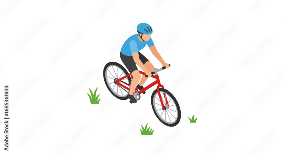 Fototapeta premium Cyclist on mountain bike in isometric style with blue helmet and red frame