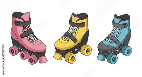 Colorful retro roller skates with four wheels on white background