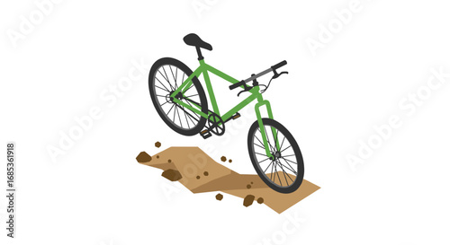 Mountain bike in action: isometric design with off-road terrain and rocks