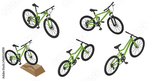 Set of green mountain bikes in isometric perspective with jump ramp