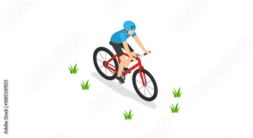 Isometric cyclist riding a red bicycle outdoors on grass