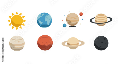 Flat style solar system icons featuring planets with sun and orbit details
