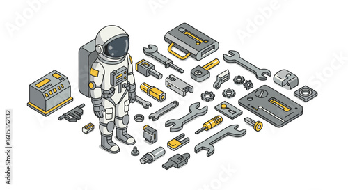 Isometric astronaut with industrial tools: space exploration technology