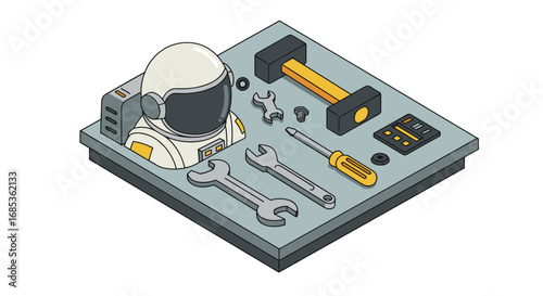 Isometric astronaut helmet and tools set on workbench