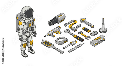 Futuristic space equipment and astronaut with tools in isometric style