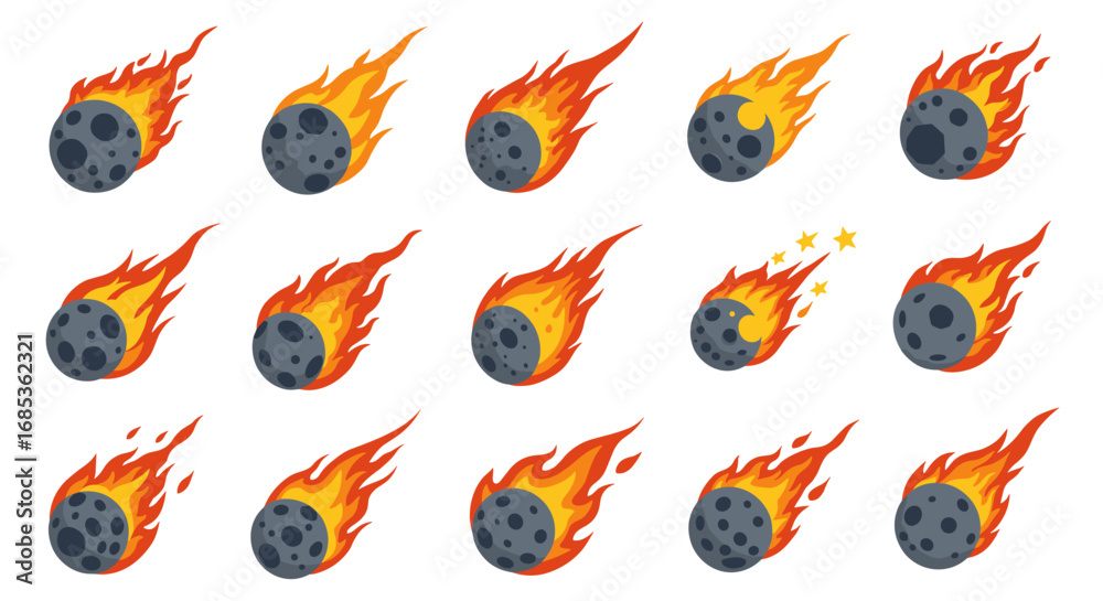 Fototapeta premium Fiery meteor set in flat style with burning trail illustrations