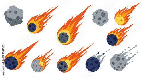 Colorful meteorite and asteroid collection with dynamic fire effects