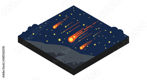 Isometric meteor shower with night sky and stars in space themed scene