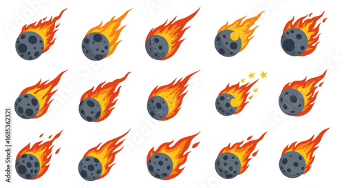 Fiery meteor set in flat style with burning trail illustrations
