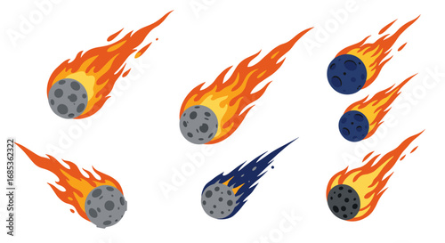 Fiery comet set with burning trails in flat style