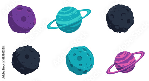 Colorful celestial bodies set with vibrant planets and moons in space theme