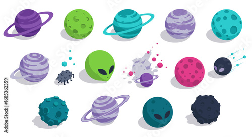 Colorful cartoon planets and moons with alien faces in space