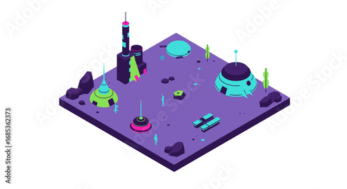 Futuristic isometric sci-fi landscape with geometric buildings on purple terrain