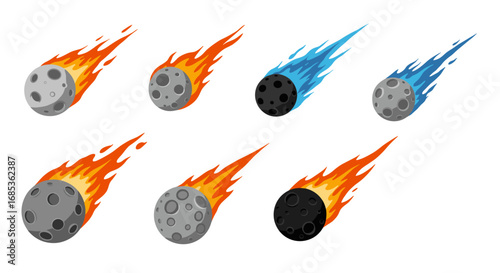 Colorful meteor comets with fiery and icy trails on white background