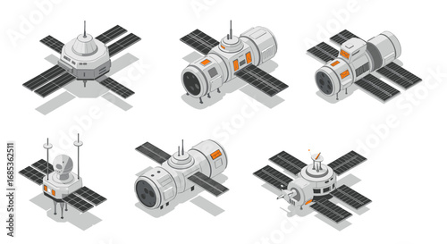 Isometric space station concepts with solar panels and antennas