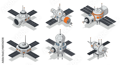 Collection of isometric space stations with solar panels and antennas