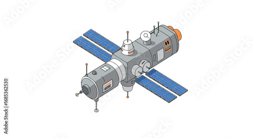 Isometric space station with solar panels and antennas