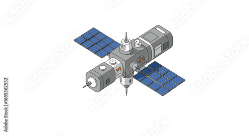 Space station isometric design with solar panels and antennae