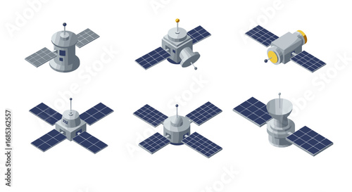 Collection of isometric satellite designs with solar panels on white background