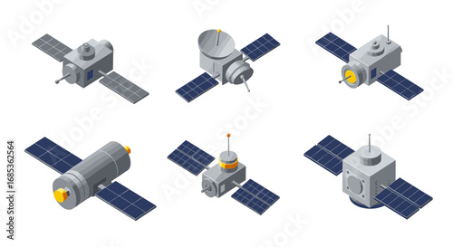 Collection of isometric satellite designs with solar panels in modern style