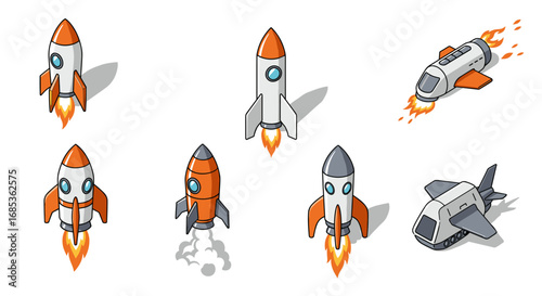 Colorful cartoon rockets and spaceships with fire trails in various designs