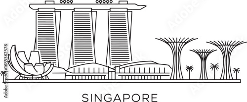 Singapore Skyline Silhouette Vector Illustration with Marina Bay Sands and Gardens by the Bay