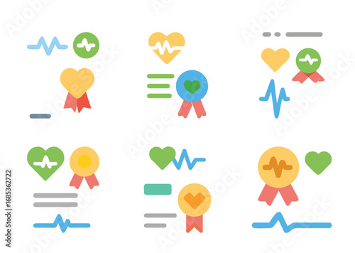 Health and wellness icon set with heart and pulse symbols arranged decoratively