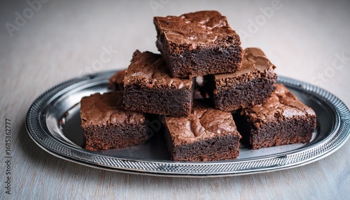 delicious homemade chocolate brownies on a silver tray ready to eat