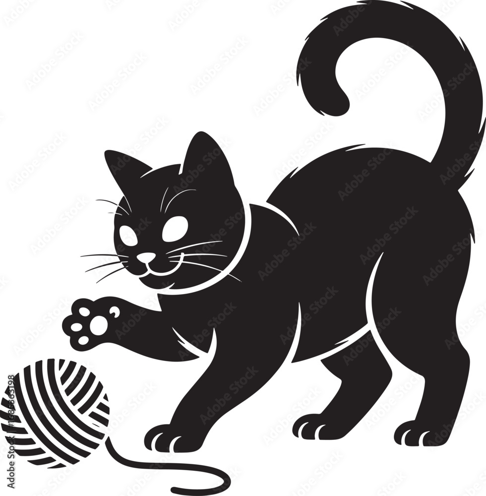 Obraz premium Playful Feline Silhouette Vector Illustration with Yarn Ball on Transparent Backdrop