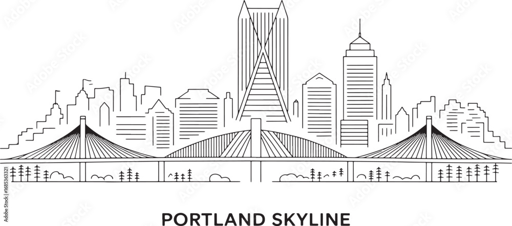 Fototapeta premium Portland Skyline Silhouette Vector Illustration with City Buildings and Willamette River