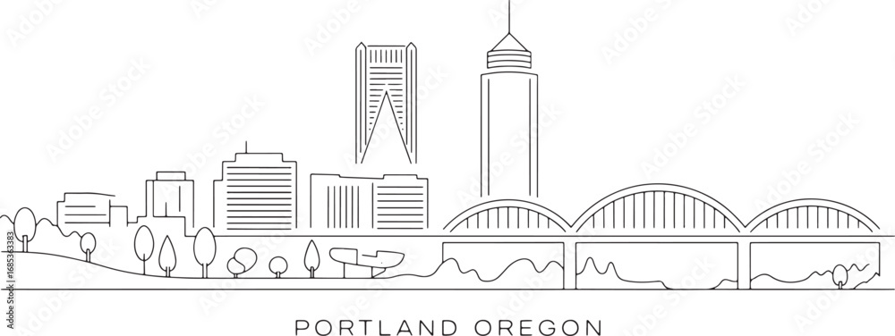 Obraz premium Portland Oregon Skyline Silhouette Outline Vector Illustration Cityscape Landmark Design