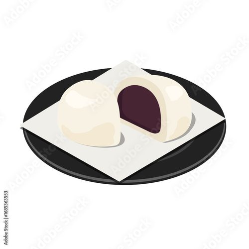 White manju with red bean paste filling on black round plate with white paper - flat vector illustration