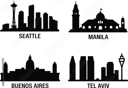 Seattle Skyline Silhouette Vector Illustration with City Name on Transparent Background