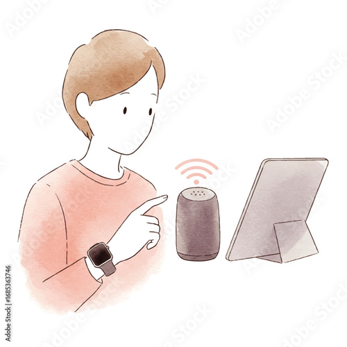 Person interacting with smart speaker and tablet, symbolizing modern technology and connected living