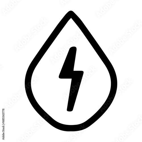 A black and white drawing of a lightning bolt with a drop of water underneath it. Concept of energy and power, as well as the idea of water being a source of life and vitality