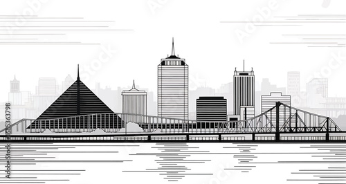 Memphis Skyline Vector Illustration with Pyramid Arena and Mississippi River Reflection