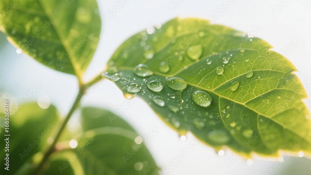 Fototapeta premium Fresh Green Leaves with Dew Drops in Morning Light