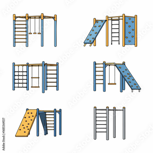 Illustrated set of colorful playground structures, including swings, climbing walls, monkey bars, and ladders, for kids' active play and outdoor fitness.