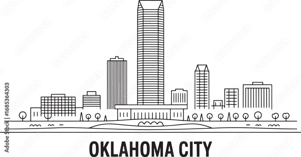 Fototapeta premium Oklahoma City Skyline Vector Illustration Black and White Outline Silhouette on Transparent