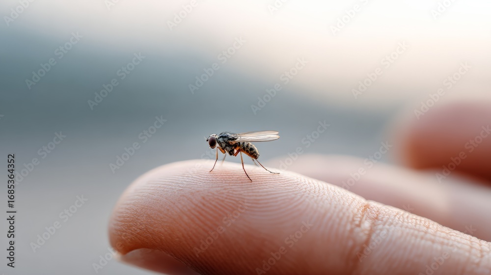 Obraz premium Close up view of a small fly delicately perched on a person's fingertip, showcasing the intricate details of the insect's body and highlighting the vastness of nature's miniature wonders